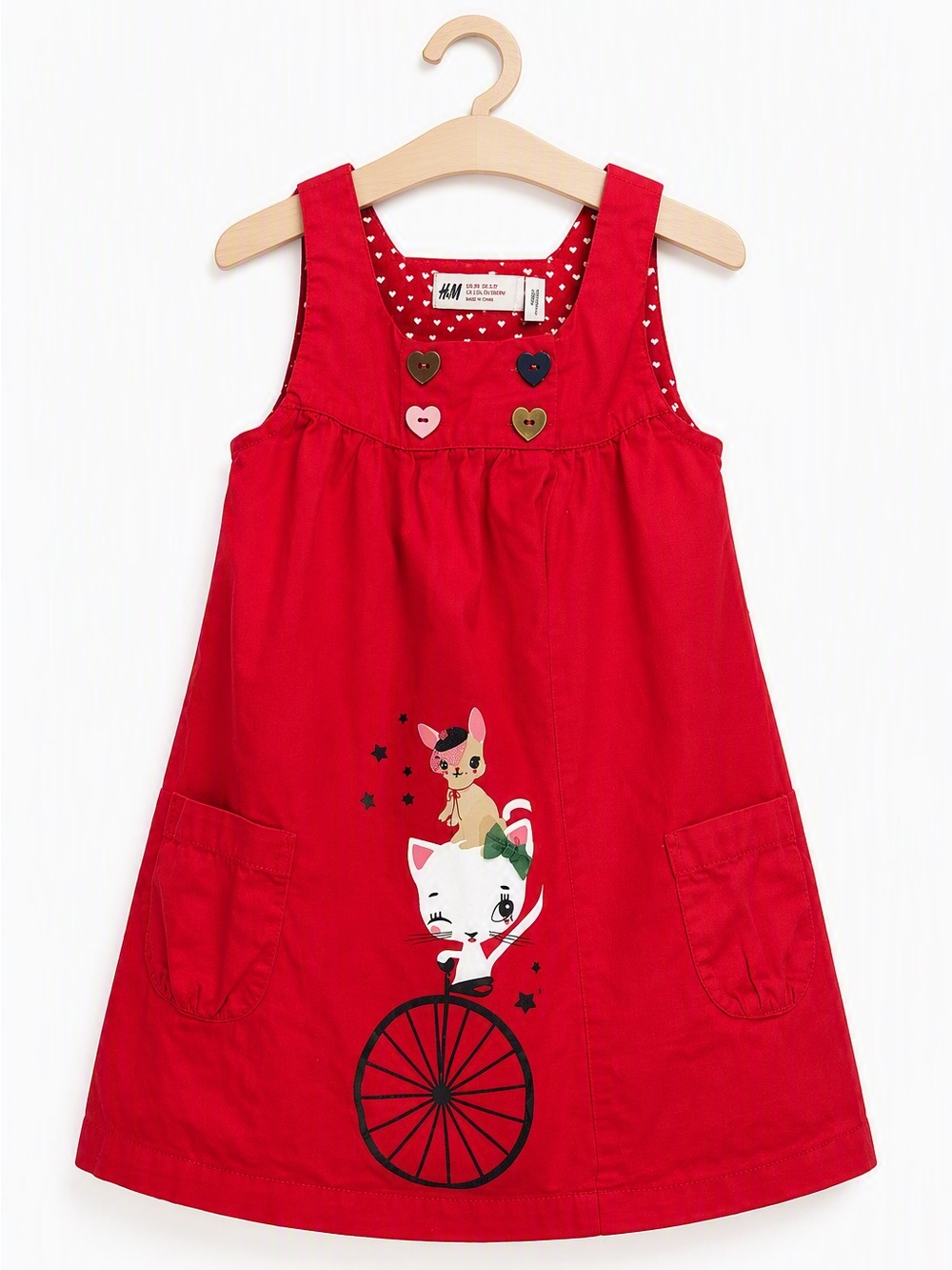 H&M Girls Cherry Red Whimsical Cat Bicycle Jumper Dress Summer 2-3T Coquette
